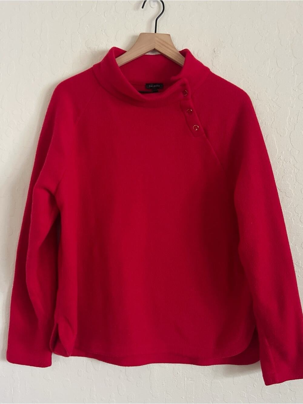 Talbots Fleece Mock Neck Pullover XL Red Pop Button Shoulder Classic Cozy Warm